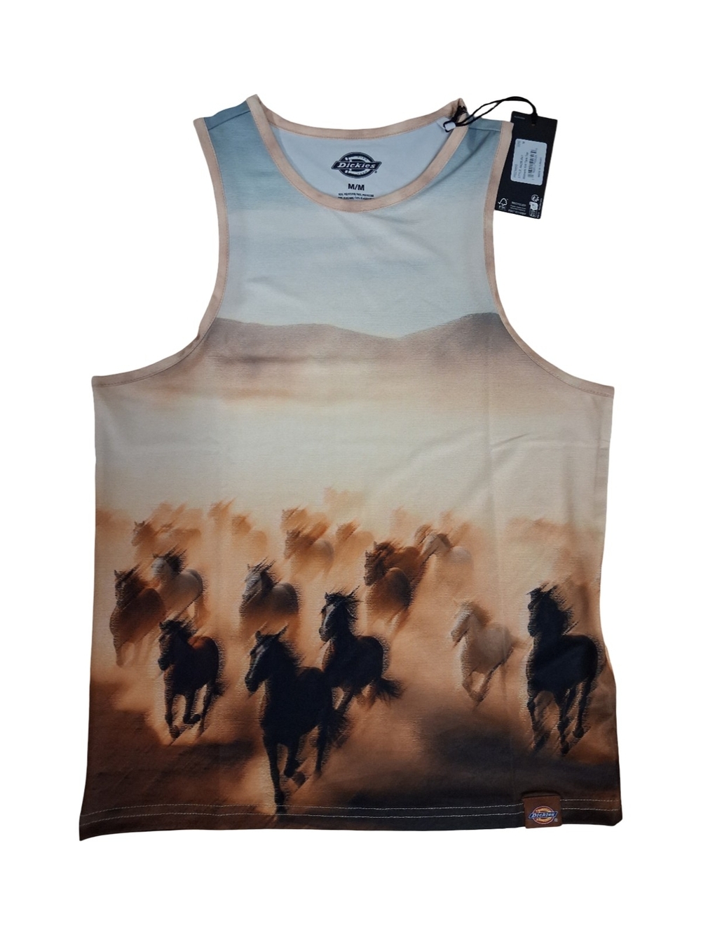 Dickies Unisex Men & Wom Running Wild Horse Graphic Tank Top - Tan/Blue